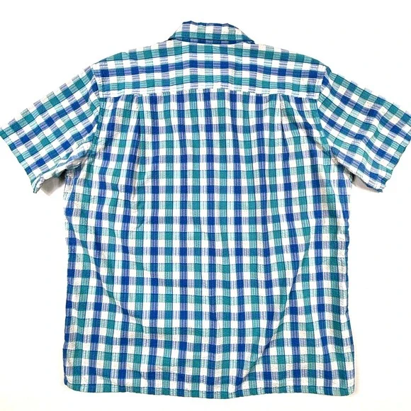 Patagonia Blue Teal Plaid Seersucker Short Sleeve Button Down Shirt Mens XL - Picture 4 of 5